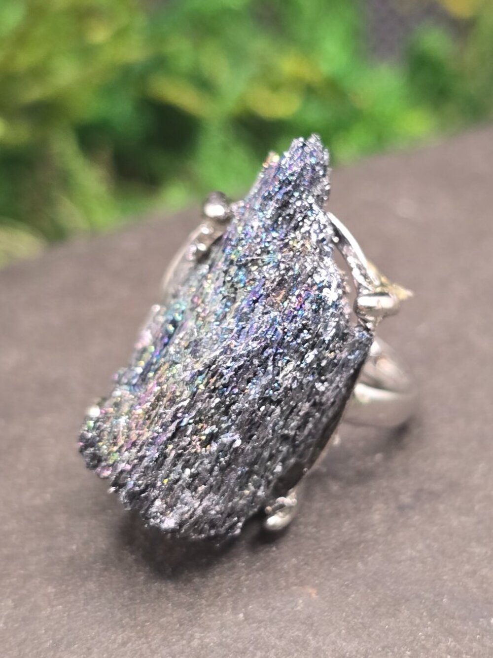 Raw Peacock Ore Adjustable Ring Size 6-10 Iridescent Silver Tone Jewelry